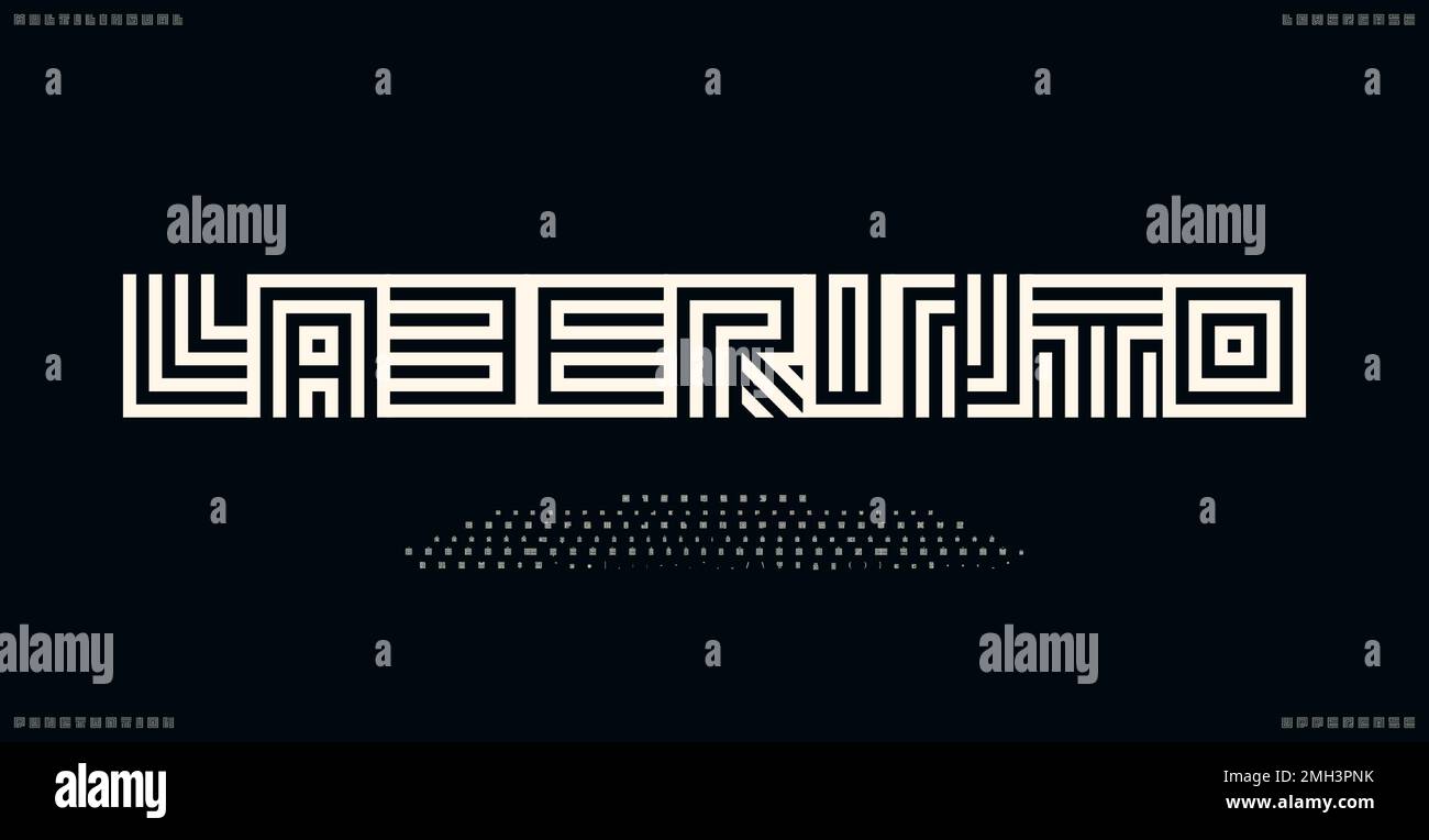 Labyrinthe alphabet multilingue, police géométrique de type labyrinthe, police de chemin abstraite pour le logo d'architecte de ligne, titre de construction, typographie de jeu de puzzle Illustration de Vecteur
