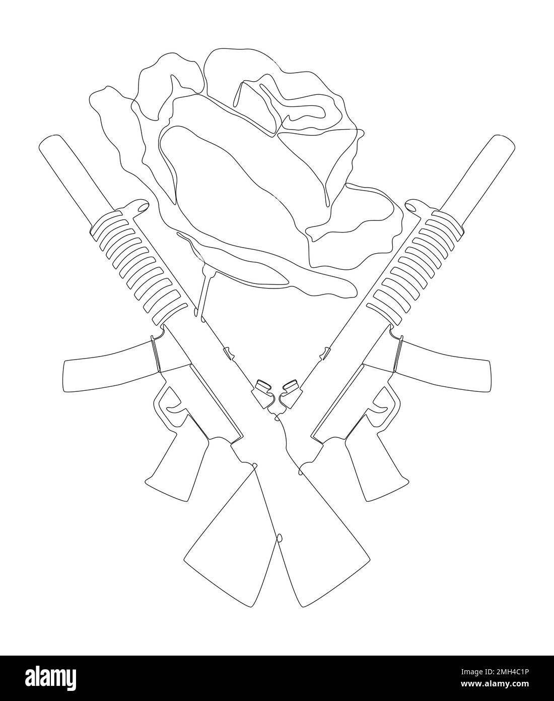 Une ligne continue d'une mitrailleuse avec Rose. Concept de vecteur d'illustration à trait fin. Dessin de contour idées créatives. Illustration de Vecteur