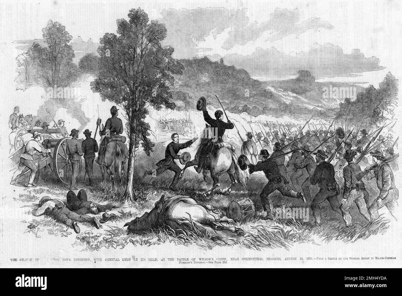 La bataille de Wilson's Creek, également connue sous le nom de la bataille d'Oak Hills, a été une bataille majeure dans les premiers mois de la guerre civile américaine, qui a lieu le 10th août 1861. Les forces unionistes sous Nathaniel Lyon et Samuel D. Sturgis ont perdu aux confédérés sous Sterling Price et Benjamin McCulloch. Le général Lyon a été tué pendant le combat. Son image montre le général Lyon à la tête d'une charge de cavalerie. Banque D'Images