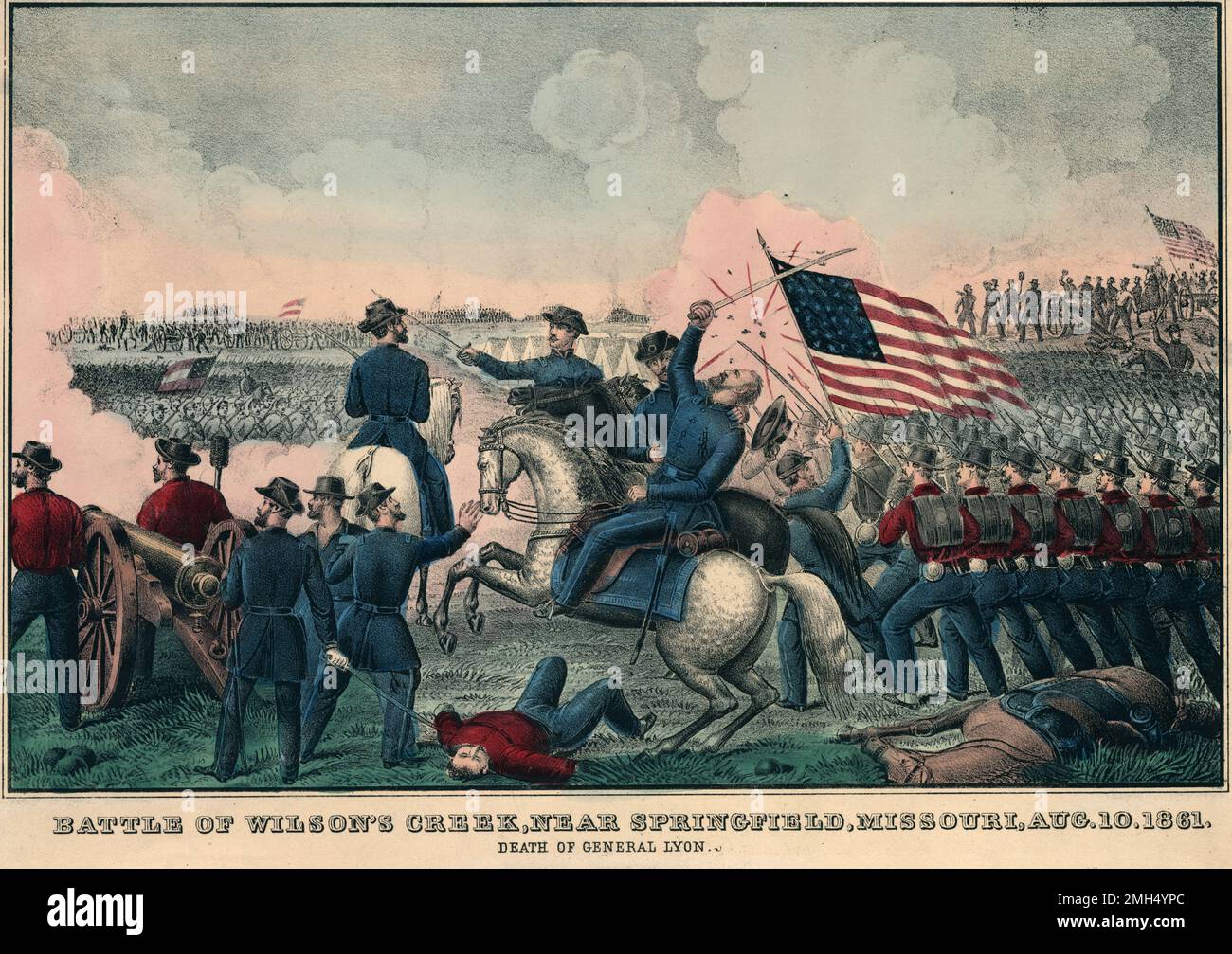 La bataille de Wilson's Creek, également connue sous le nom de la bataille d'Oak Hills, a été une bataille majeure dans les premiers mois de la guerre civile américaine qui a lieu le 10th août 1861. Les forces Unionisy sous Nathaniel Lyon et Samuel D. Sturgis ont perdu aux confédérés sous Sterling Price et Benjamin McCulloch. Le général Lyon a été tué pendant le combat. Cette image illustre la mort, lors d'une charge de cavalerie, de Lyon. Banque D'Images