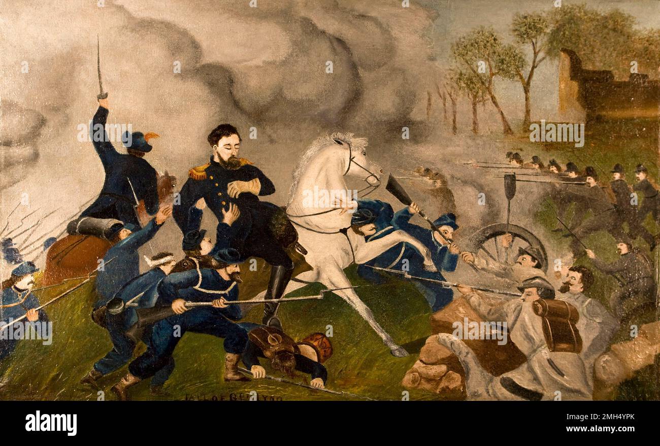 La bataille de Wilson's Creek, également connue sous le nom de la bataille d'Oak Hills, a été une bataille majeure dans les premiers mois de la guerre civile américaine qui a lieu le 10th août 1861. Les forces Unionisy sous Nathaniel Lyon et Samuel D. Sturgis ont perdu aux confédérés sous Sterling Price et Benjamin McCulloch. Le général Lyon a été tué pendant le combat. Cette image illustre la mort, lors d'une charge de cavalerie, de Lyon. Banque D'Images