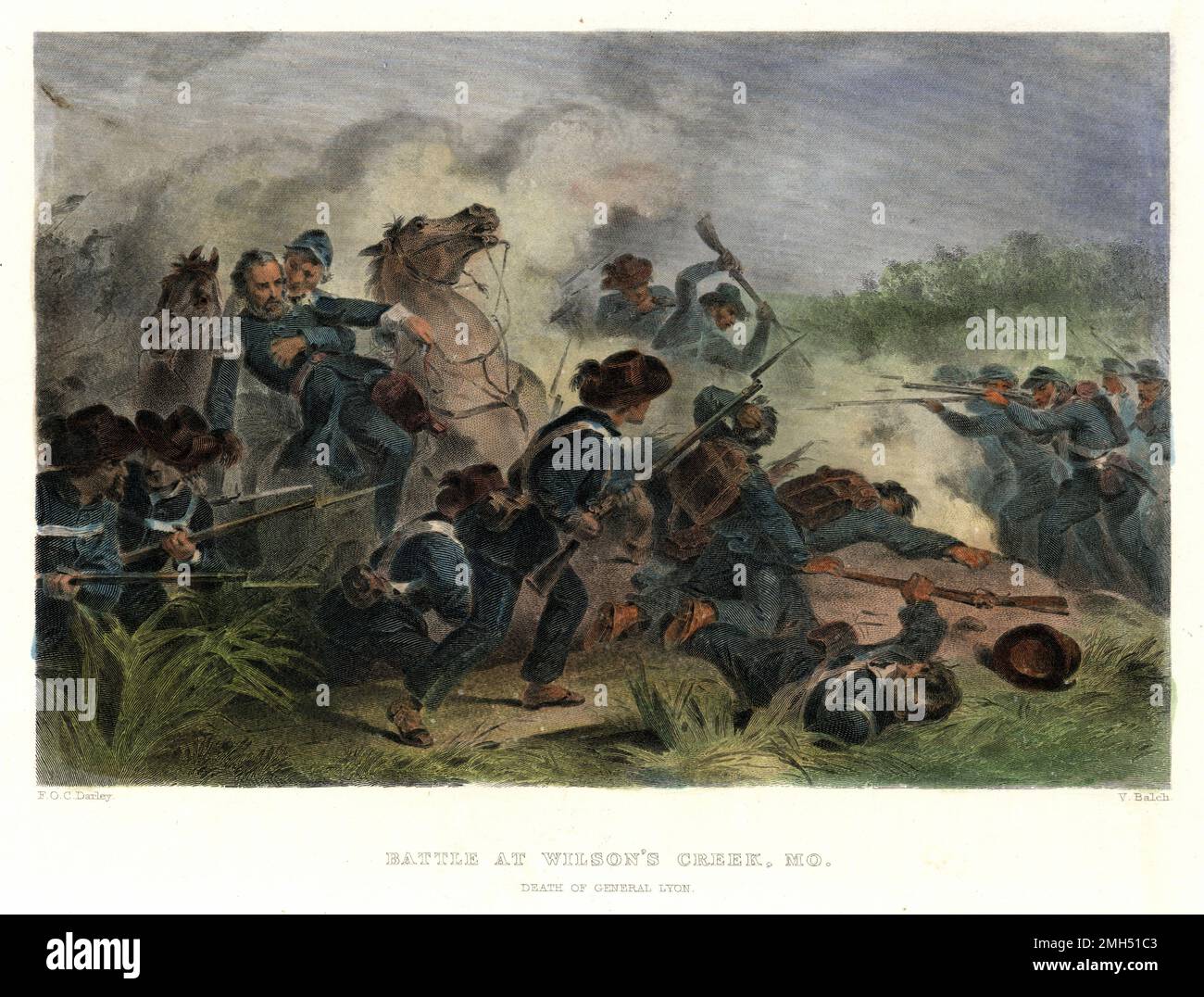 La bataille de Wilson's Creek, également connue sous le nom de la bataille d'Oak Hills, a été une bataille majeure dans les premiers mois de la guerre civile américaine qui a lieu le 10th août 1861. Les forces Unionisy sous Nathaniel Lyon et Samuel D. Sturgis ont perdu aux confédérés sous Sterling Price et Benjamin McCulloch. Le général Lyon a été tué pendant le combat. Cette image illustre la mort, lors d'une charge de cavalerie, de Lyon. Banque D'Images