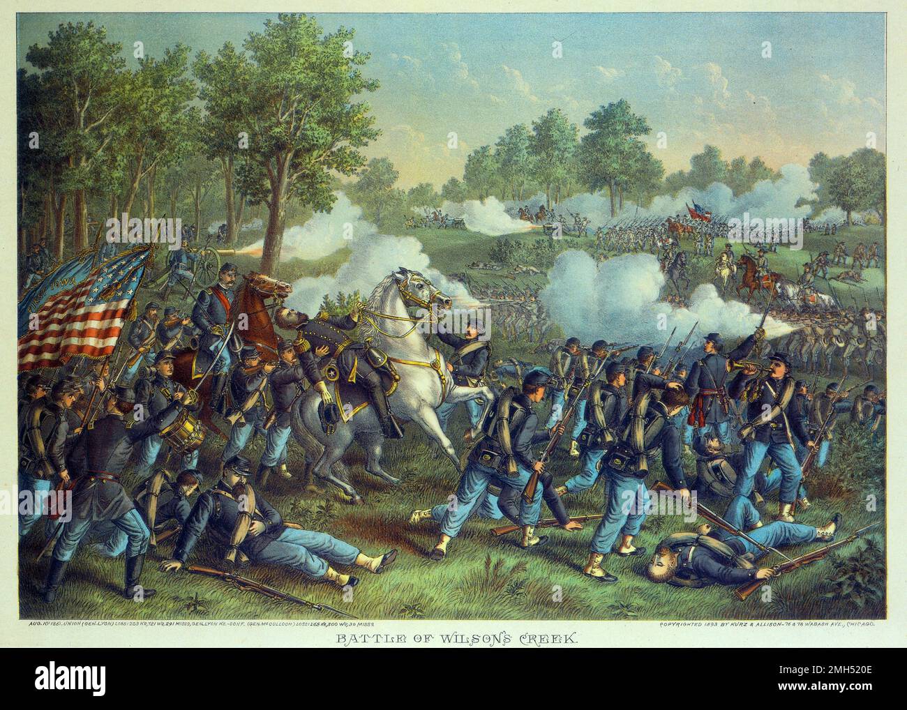 Bataille de Wilson's Creek. Chromolithographe de Kurz et Allison, 1893. La bataille de Wilson's Creek, également connue sous le nom de la bataille d'Oak Hills, a été une bataille majeure dans les mois d'eraly de la guerre civile américaine qui a lieu le 10th août 1861. Les forces unionistes sous Nathaniel Lyon et Samuel D. Sturgis ont perdu aux confédérés sous Sterling Price et Benjamin McCulloch. Le général Lyon a été tué pendant le combat. Banque D'Images