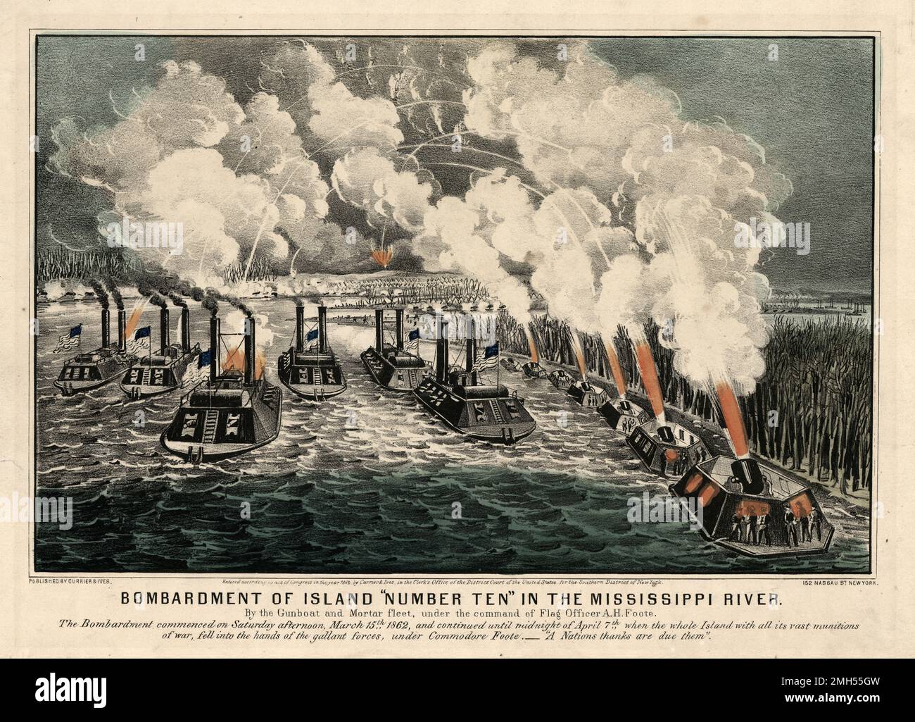 La bataille de l'île numéro 10 était une bataille dans la guerre civile américaine qui a eu lieu le 28th février-8 avril 1862 dans le Kentucky. Il s'agissait d'un assaut amphibie unioniste sur l'île numéro 10 qui détenait une position dominante dans le Mississippi. L'assaut était sous le commandement de Jean-Pape, et c'était une victoire unioniste comme l'île a été capturée. L'image représente des canots unionistes et des bateaux à mortier qui bombardent l'île. Banque D'Images