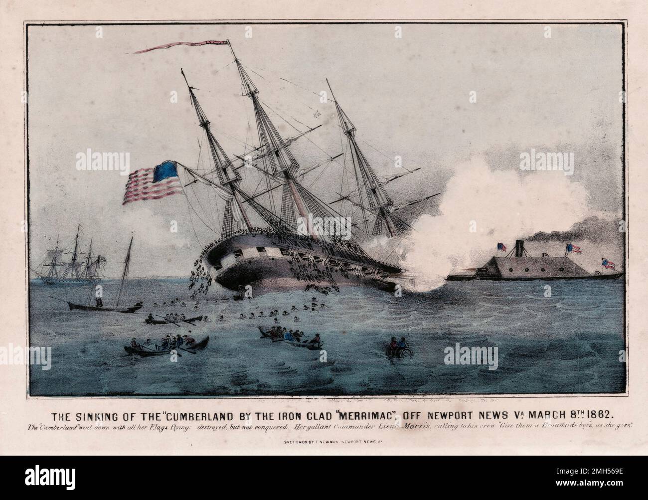 La bataille de Hampton Roads (également la bataille du moniteur et de la Virginie ou la bataille d'Ironclads) était une bataille de la guerre civile américaine qui a eu lieu les 8 et 9th mars 1862 dans les voies maritimes de Hampton Roads. C'était la première bataille navale entre des navires modernes en métal au lieu de bateaux à voile en bois. La vulnérabilité des navires en bois était évidente pour tous et la bataille marque le début de l'âge de dreadnought. Cette image illustre la destruction de l'USS Cumberland par la plus petite CSS Virginia. Banque D'Images