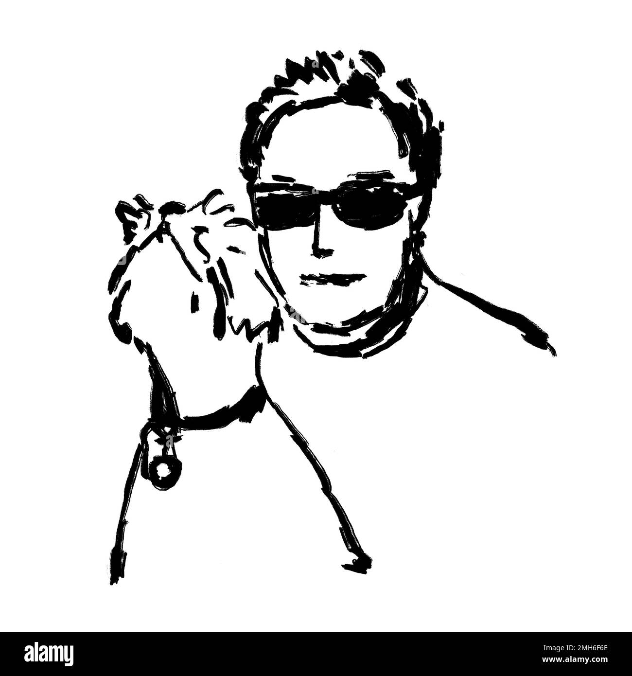 Jeune homme en lunettes de soleil avec un chien westie. Illustration d'une personne avec un chien à l'encre tirée à la main. Concept d'amitié. Texture du pinceau Banque D'Images