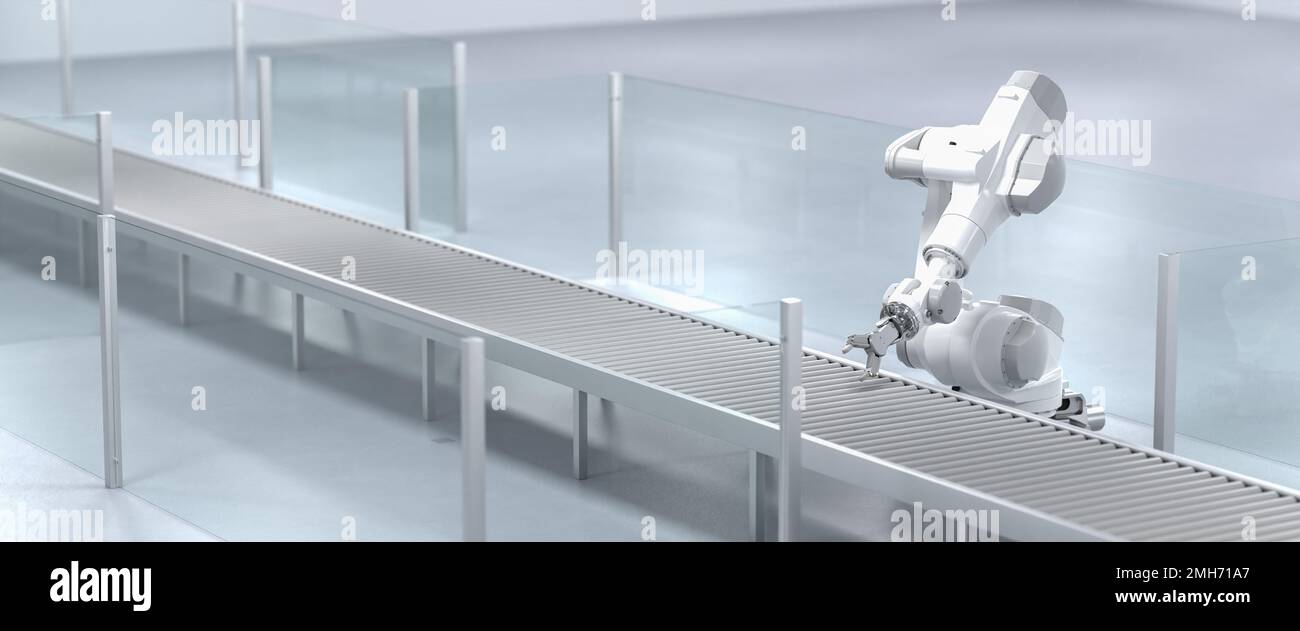 Robot sur un tapis convoyeur dans un bâtiment d'usine lumineux mais vide. Banque D'Images