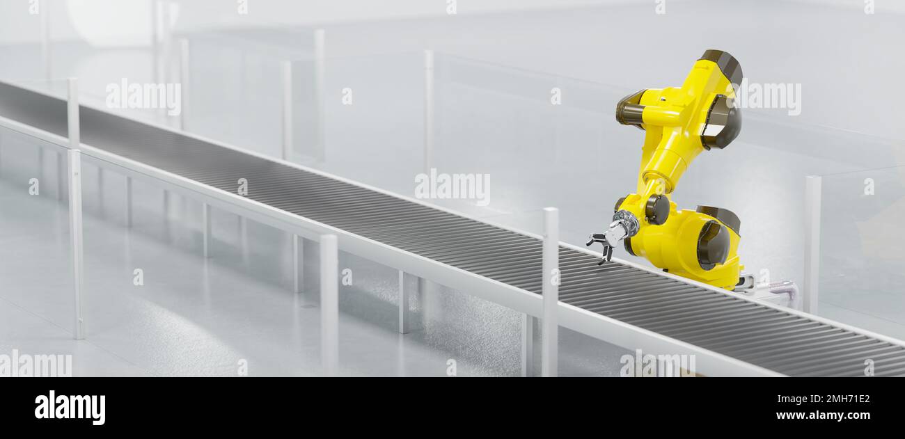Robot sur un tapis convoyeur dans un bâtiment d'usine lumineux mais vide. Banque D'Images