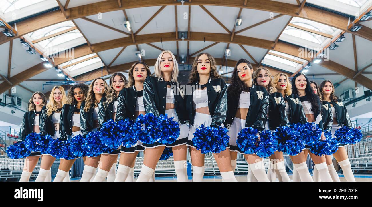 Vue de face d'un groupe de meneurs en uniforme noir et blanc avec pompons bleus brillants dans leurs mains posant dans la salle de sport. Photo de haute qualité Banque D'Images