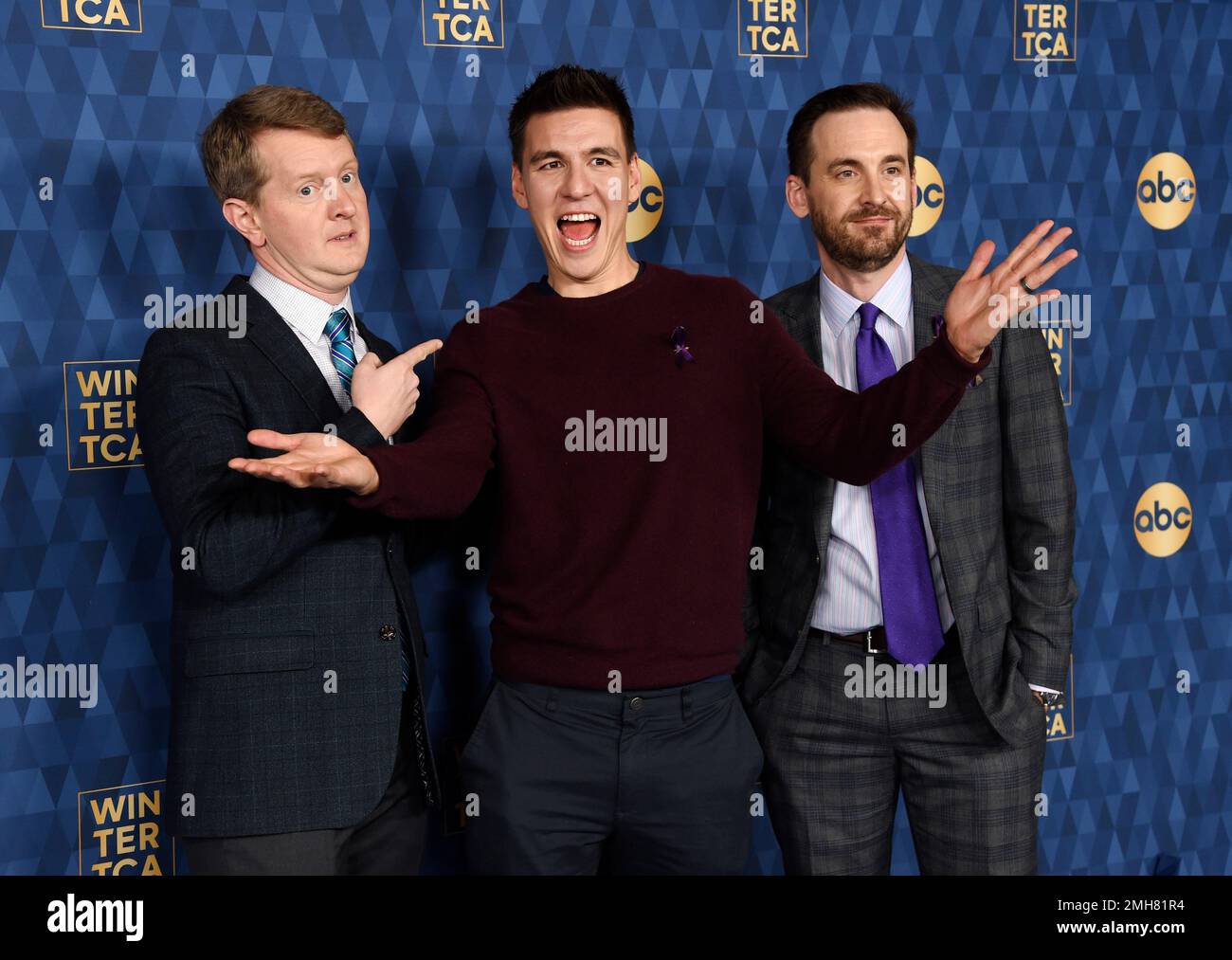 "Jeopardy" champions, from left, Ken Jennings, James Holzhauer and Brad Rutter, cast members in