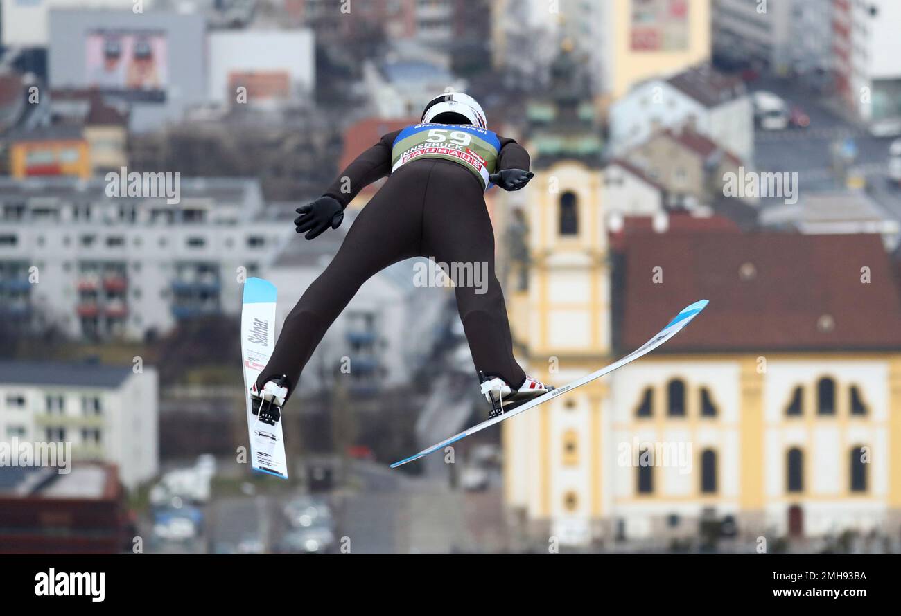 Robert Johansson of Norway soars through the air during the trial round of the third stage of the 68th four hills ski jumping tournament in Innsbruck, Austria, Friday, Jan. 3, 2020. (AP Photo/Matthias Schrader) Banque D'Images