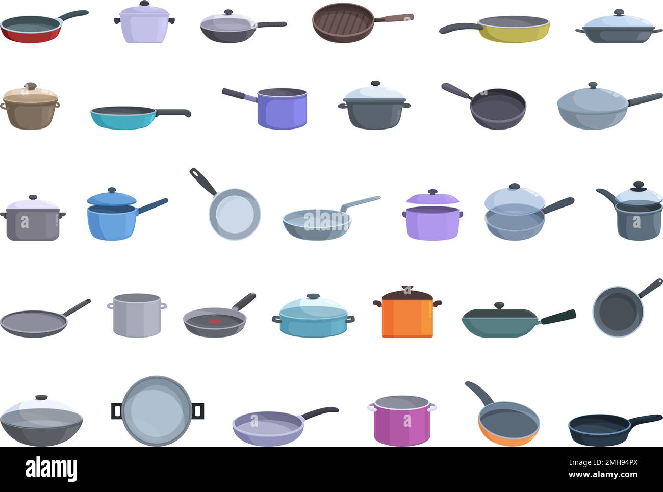 Les icônes de panoramique définissent le vecteur de dessin animé. Casserole. Cuisine maison Illustration de Vecteur