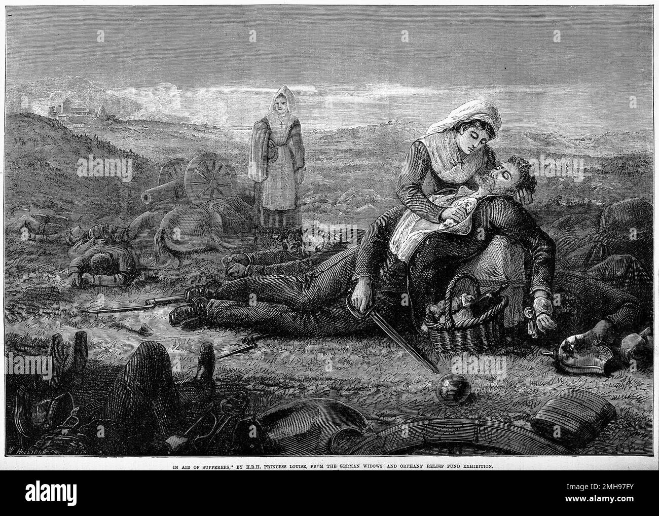 Deux infirmières traitant un soldat sur le champ de bataille pendant la guerre franco-prussienne ou la guerre franco-allemande, souvent appelée en France la guerre de 1870, un conflit entre le deuxième Empire français et la Confédération nord-allemande dirigée par le Royaume de Prusse, Du 19 juillet 1870 au 28 janvier 1871. Banque D'Images