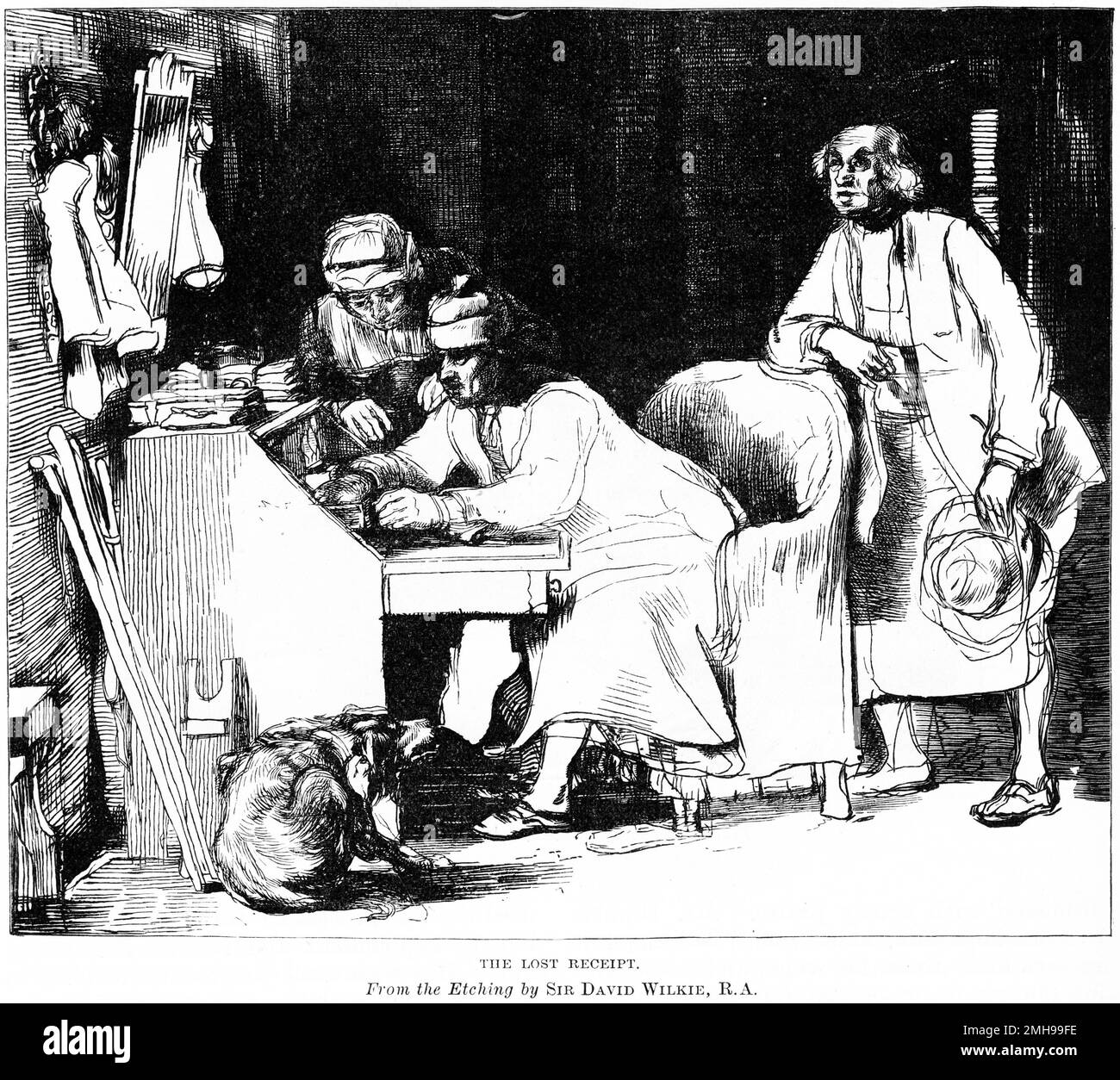 Gravure de trois hommes qui portent sur un grand livre à la recherche d'un reçu perdu, probablement tard la nuit, comme on semble être dans sa chemise de nuit, publié en 1884 Banque D'Images