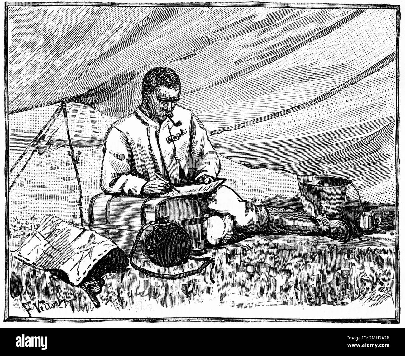 Gravure d'un soldat britannique qui écrit des lettres à la maison à partir d'un champ de bataille étranger, vers 1880 Banque D'Images