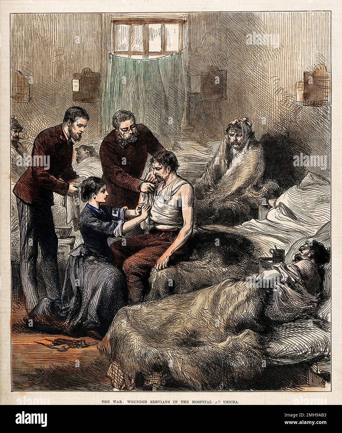 Gravure en bois coloré d'une infirmière traitant des servians blessés dans un hôpital d'Usicza pendant la guerre franco-prussienne ou franco-allemande, souvent appelée en France la guerre de 1870, un conflit entre le deuxième Empire français et la Confédération du Nord-allemand dirigée par le Royaume de Prusse, Du 19 juillet 1870 au 28 janvier 1871. Banque D'Images