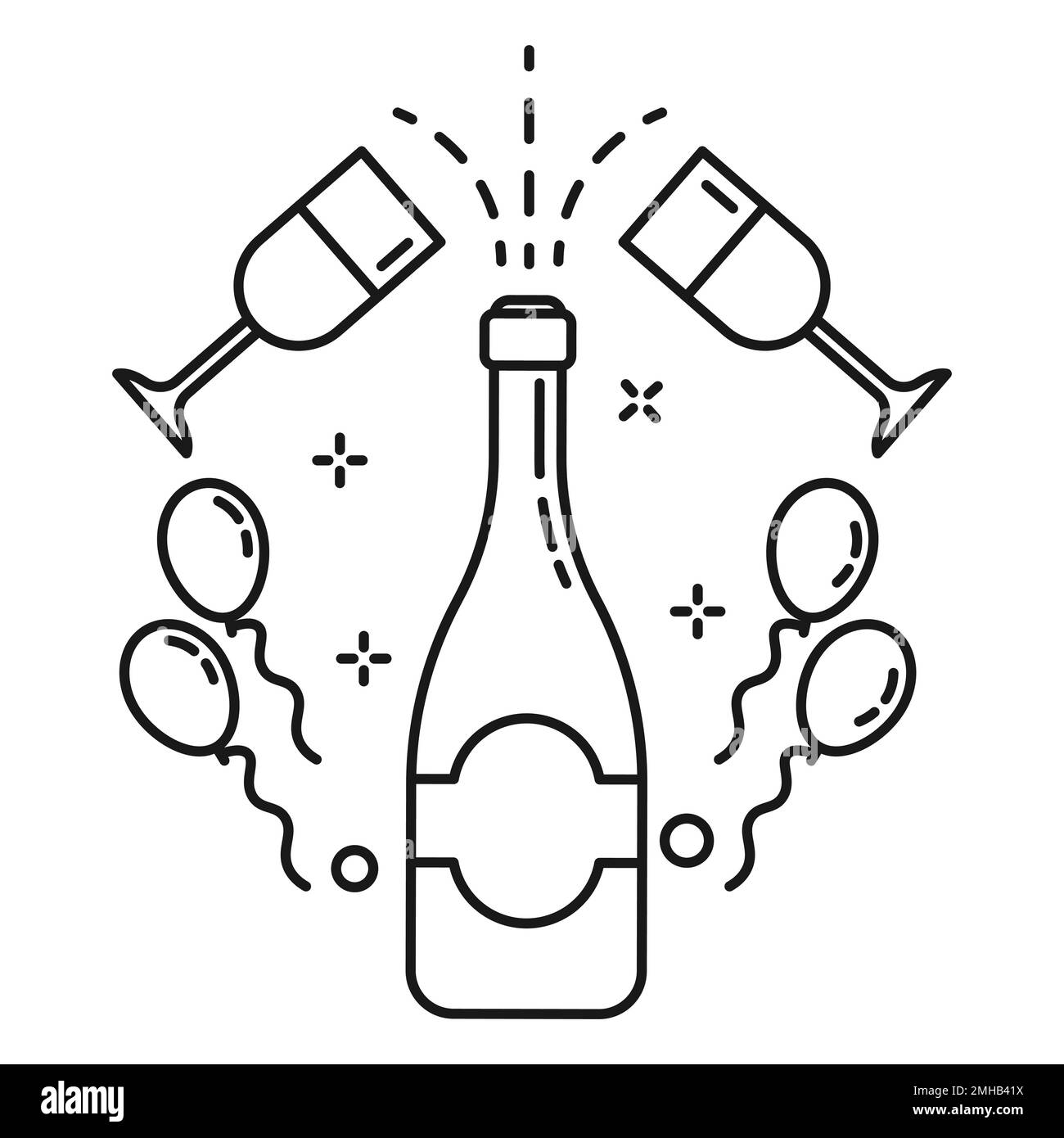 Fête, champagne en verre et bouteille avec ballons icône linéaire isolée Illustration de Vecteur