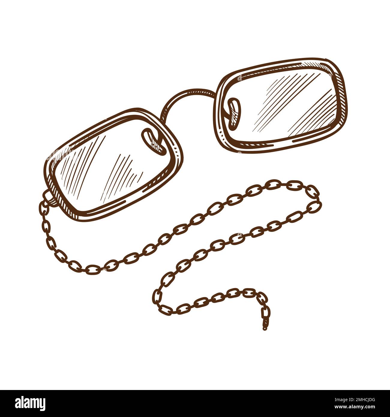 Lunettes ou lunettes sur un croquis isolé en chaîne, accessoire vintage Illustration de Vecteur