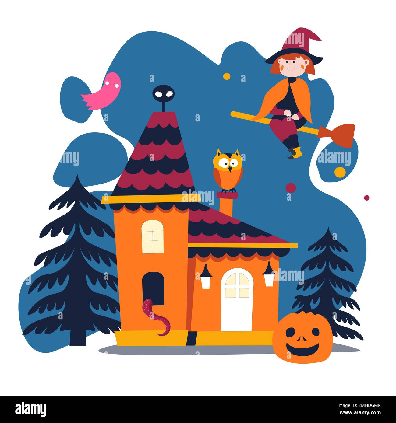 Sorcière sur le broomstick et la citrouille, maison en forêt, nuit d'Halloween Illustration de Vecteur
