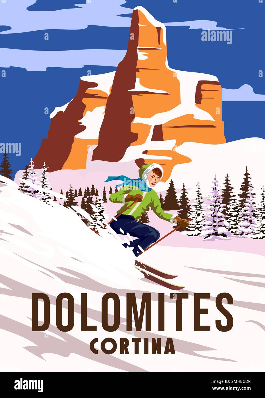 Vintage Travel poster ski Dolomites station. Carte de voyage paysage d'hiver en Italie Illustration de Vecteur