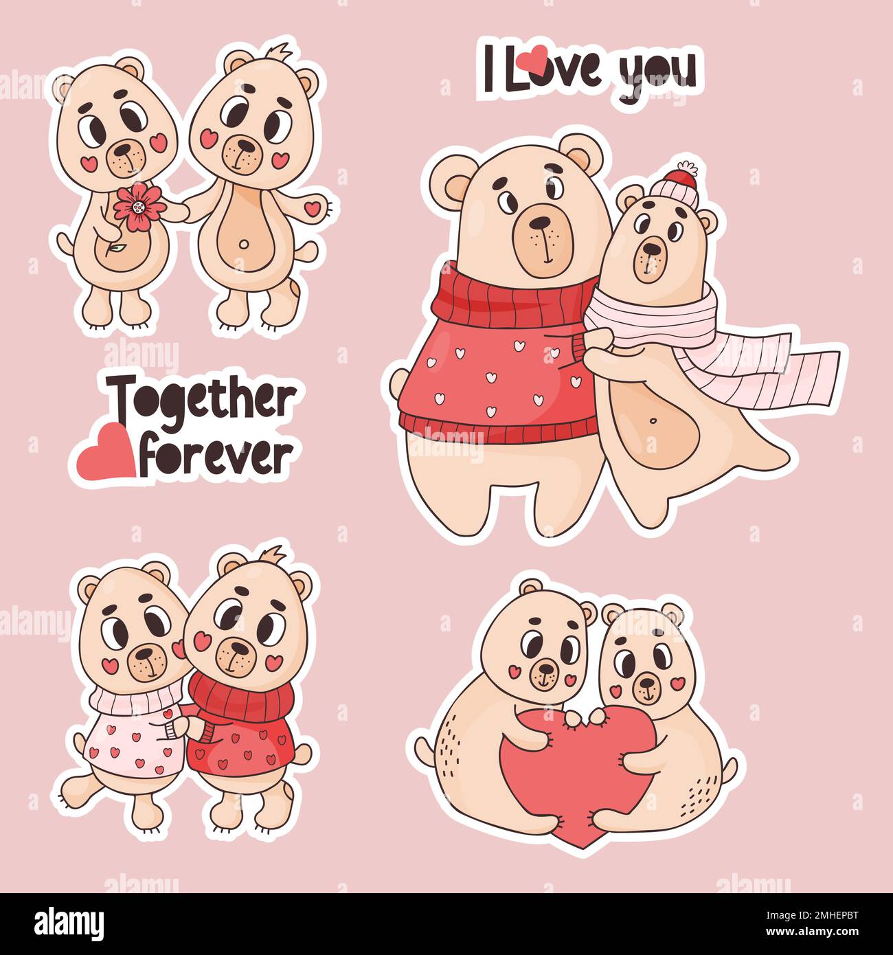 Mettez en place des autocollants pour ours en peluche frais. Couple mignon ours amoureux de coeur et de fleur. Vector isolé animaux drôles pour le design, la décoration, l'impression, la voiture de salutation Illustration de Vecteur