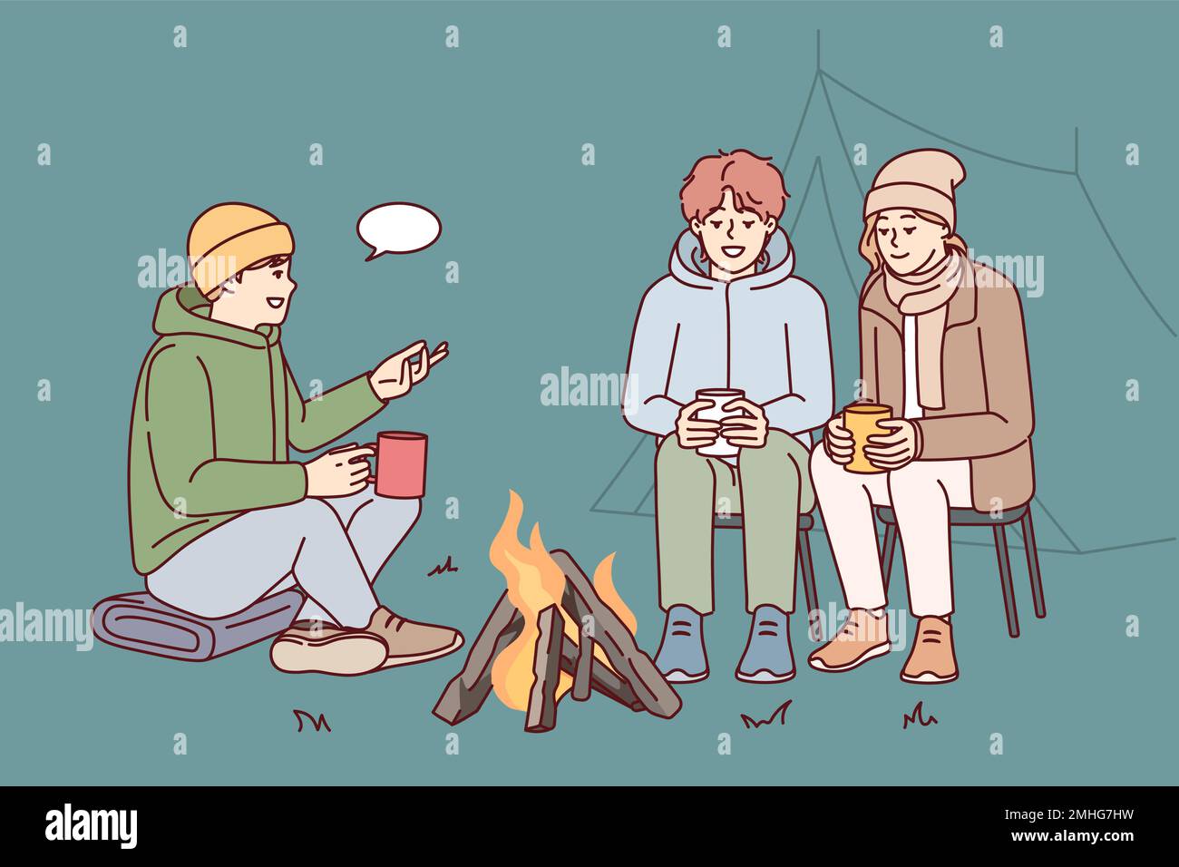 Groupe de jeunes communiquent tout en étant assis autour d'un feu de camp pendant un voyage de camping dans la nature. Fille et deux gars touristes parlant avant d'aller au lit tout en voyageant avec des tentes. Image vectorielle plate Illustration de Vecteur