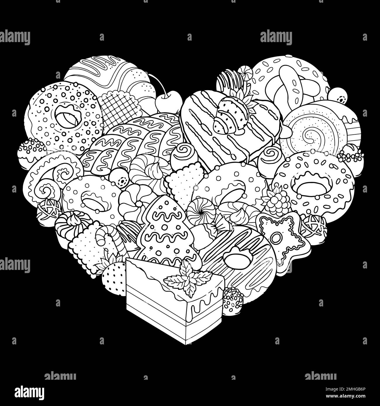 Page de livre de coloriage vectoriel pour adultes. Illustration en noir et blanc des aliments sucrés, des bonbons, des pâtisseries, des desserts et des produits cuits au four Illustration de Vecteur