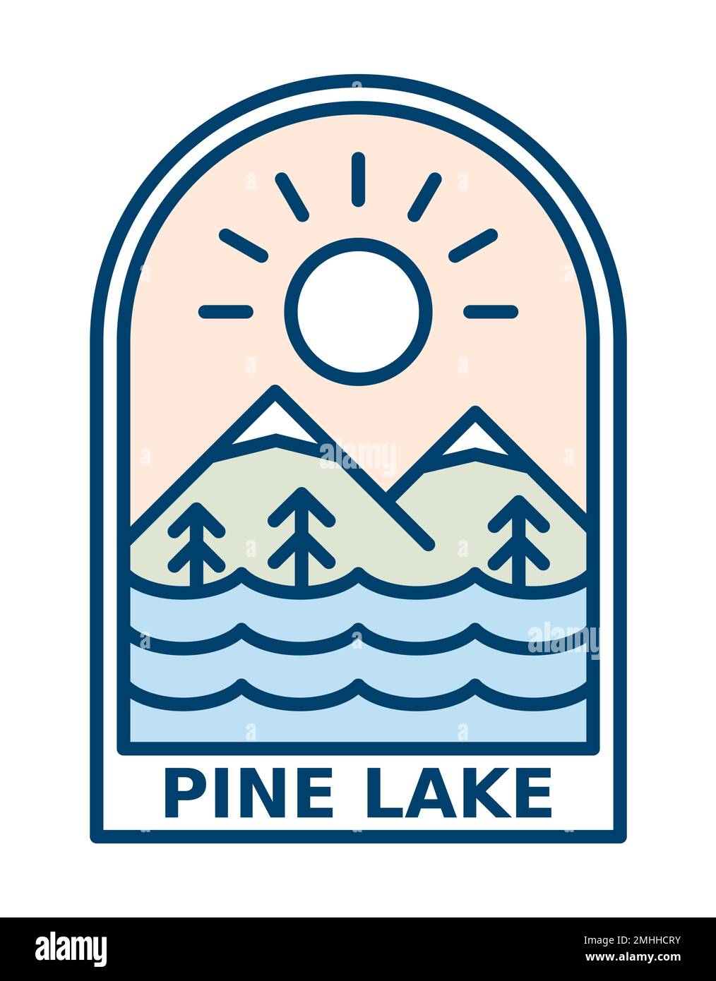 Montagne avec lac et pins dans l'emblème du soleil. Logo Line art extérieur. Collines enneigées et paysage forestier. Randonnée pédestre, concept de camping. Illustration de Vecteur