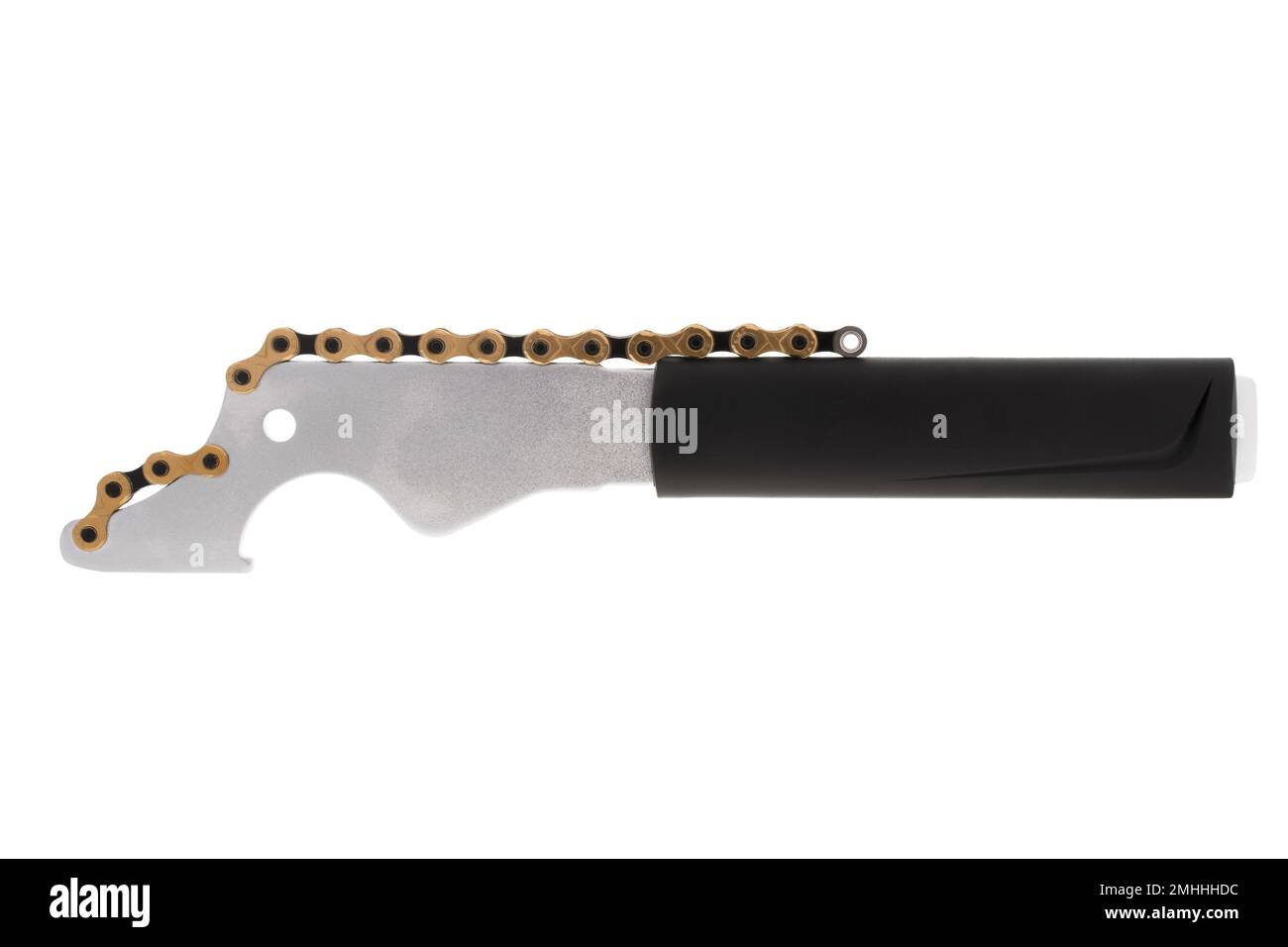 Fouet de chaîne de vélo sur fond blanc Banque D'Images