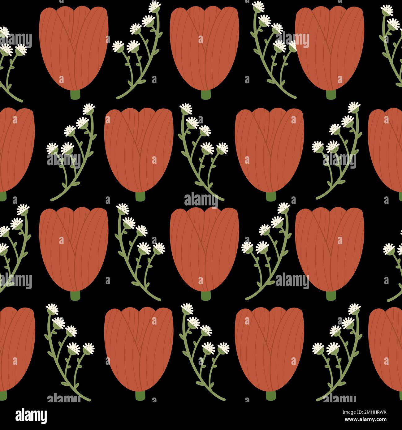 Motif sans couture avec tulipes rouges isolées et petites fleurs blanches sur fond noir. Imprimé printanier tendance sur toute la surface Banque D'Images