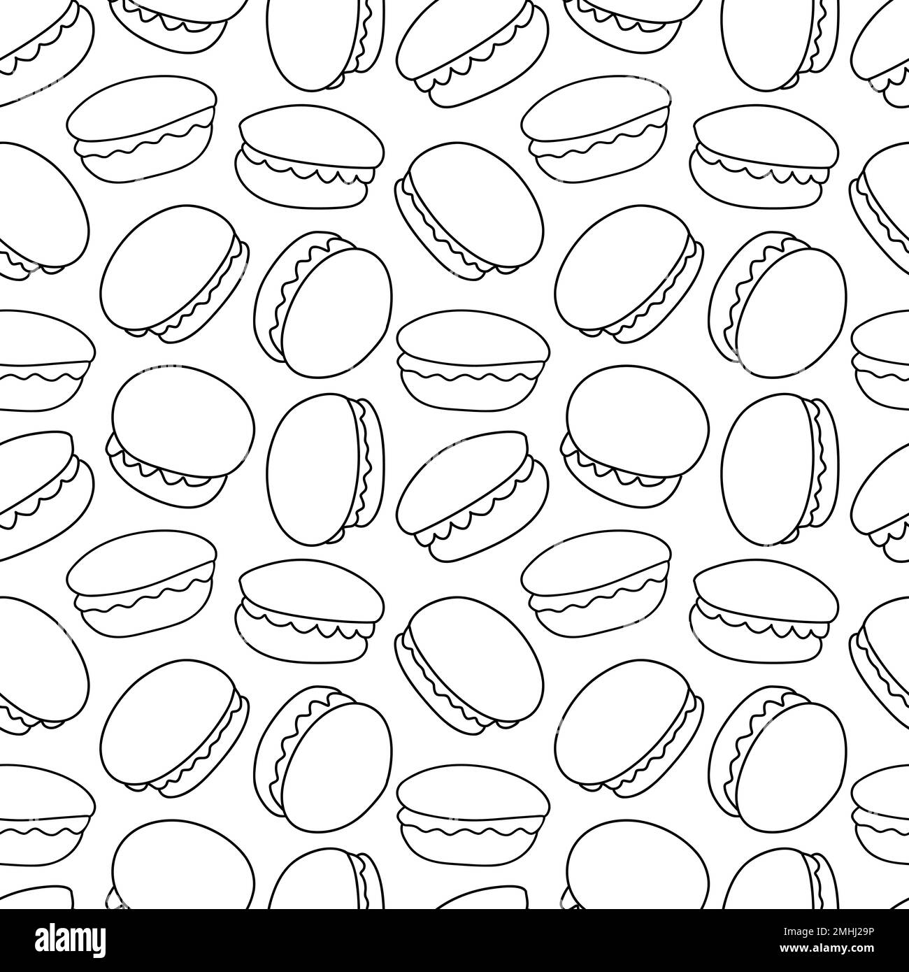 Petits gâteaux de macarons français, motif sans couture. Sucreries de macaron dessinées à la main. Contour des gâteaux de confection fond. Décor de pâtisseries desserts. Illustration vectorielle. Illustration de Vecteur