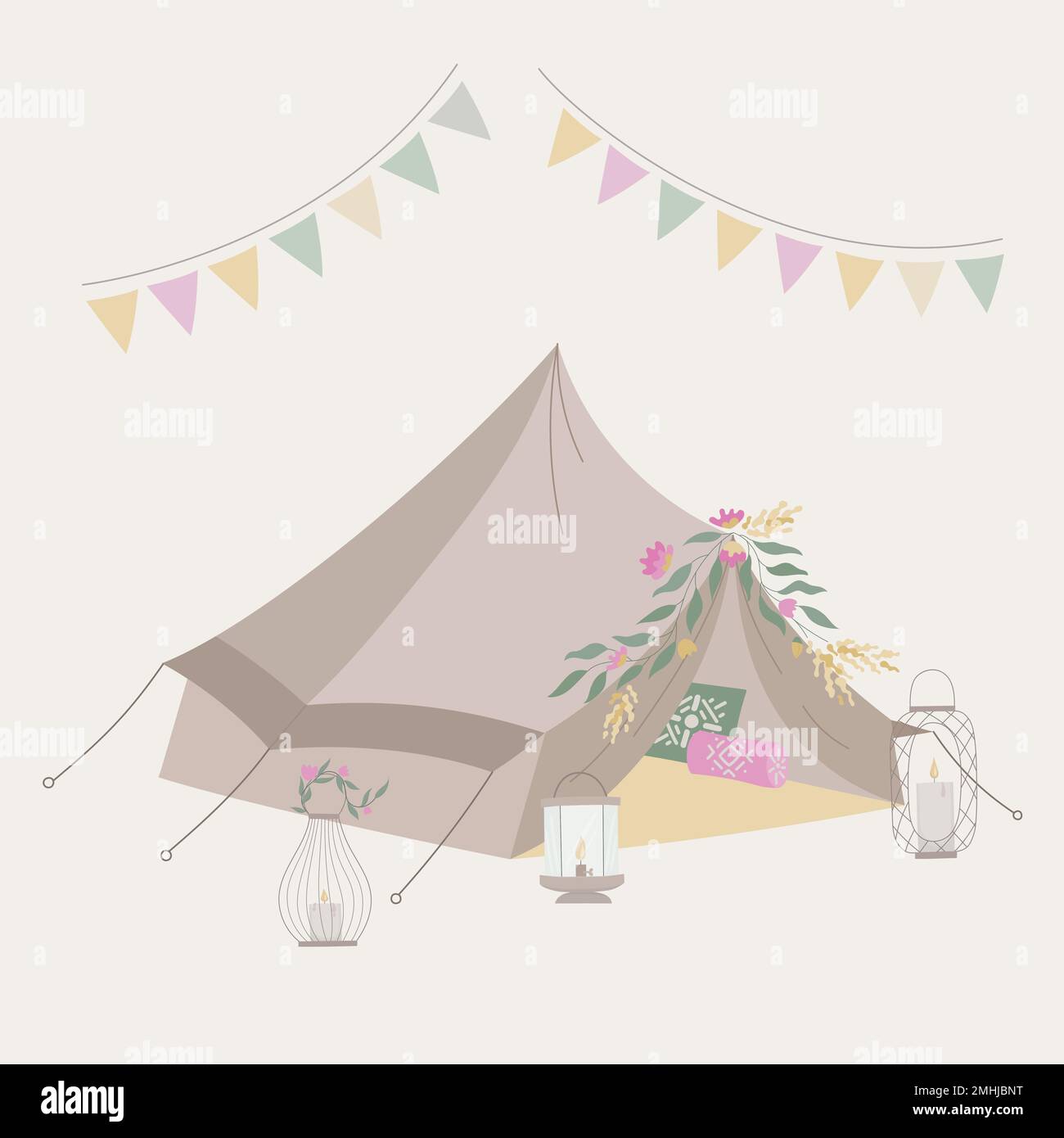 Illustration vectorielle de tente de boho de mariage. Tipi bogemian avec fleurs à l'événement d'été. Illustration de Vecteur