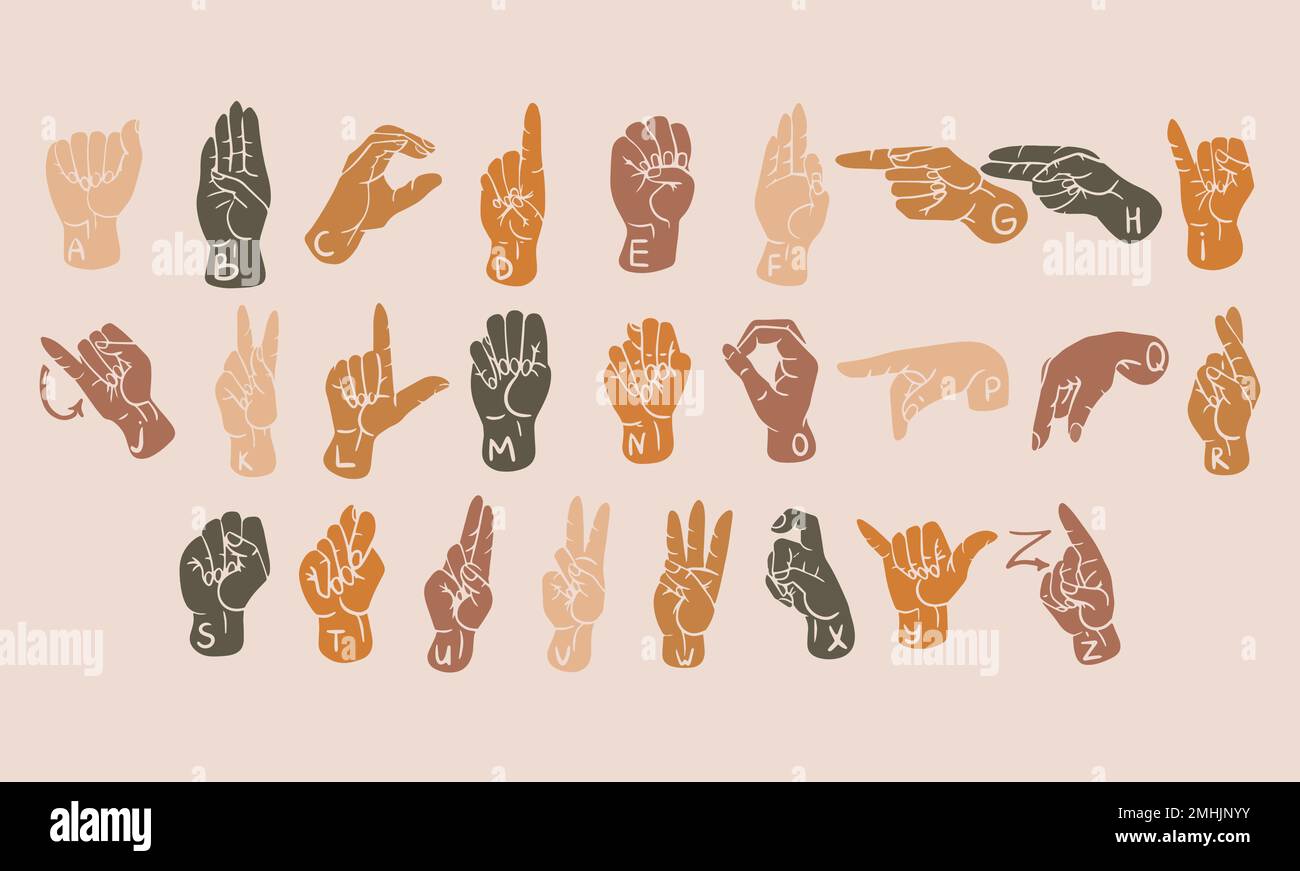 Alphabet américain de langue des signes. 26 lettres de l'ASL. Orthographe de la langue des signes. Culture sourde, gestes. Articles plats dans les couleurs boho. Illustration de Vecteur