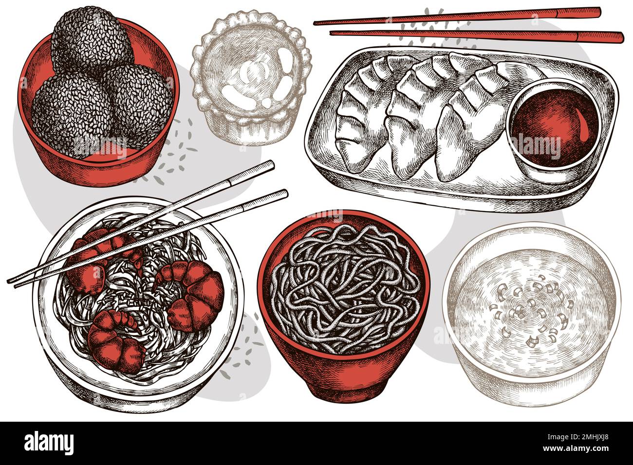 Collection asiatique d'illustrations vectorielles dessinées à la main. Jiaozi stylisé, jian dui, tarte aux œufs, nouilles aux crevettes, soupe aux œufs, bol à nouilles. Illustration de Vecteur