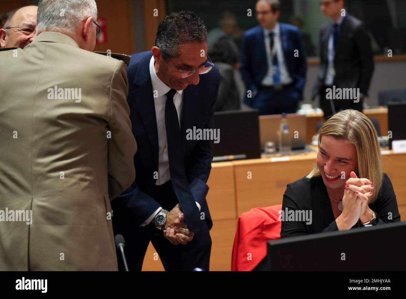 European Union Foreign Policy chief Federica Mogherini, right, talks to Cyprus' Defense Minister Savvas Angelides during a European Defense Minister meeting at the Europa building in Brussels, Tuesday, Nov. 12, 2019. (AP Photo/Francisco Seco) Banque D'Images