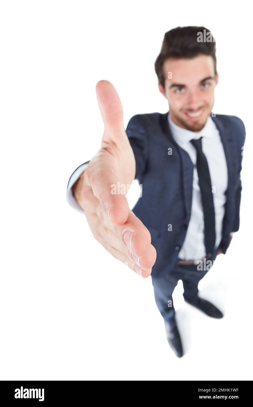 J'ai beaucoup à vous apprendre sur la réussite. Studio photo d'un jeune homme d'affaires isolé sur blanc. Banque D'Images