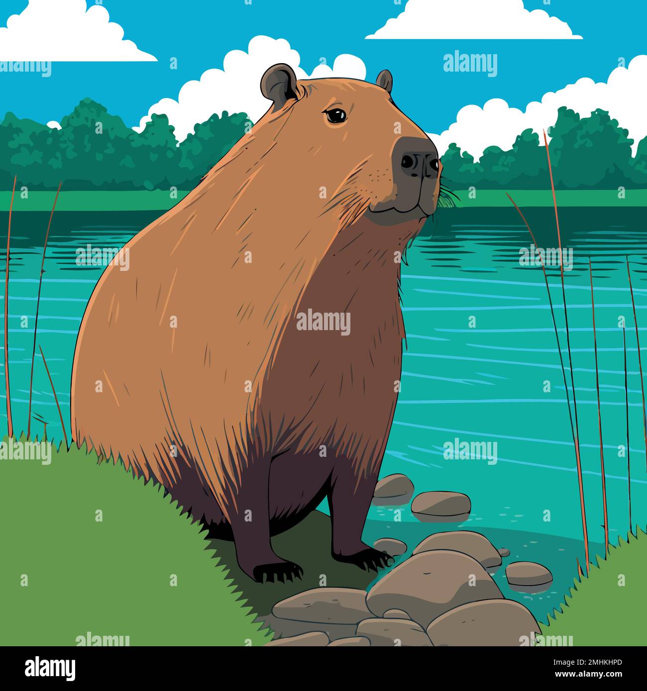 Illustration de l'animal mammifère capybara dans la nature sur le bord d'une rivière avec des pierres sur le sol et le ciel avec le nuage en arrière-plan Illustration de Vecteur