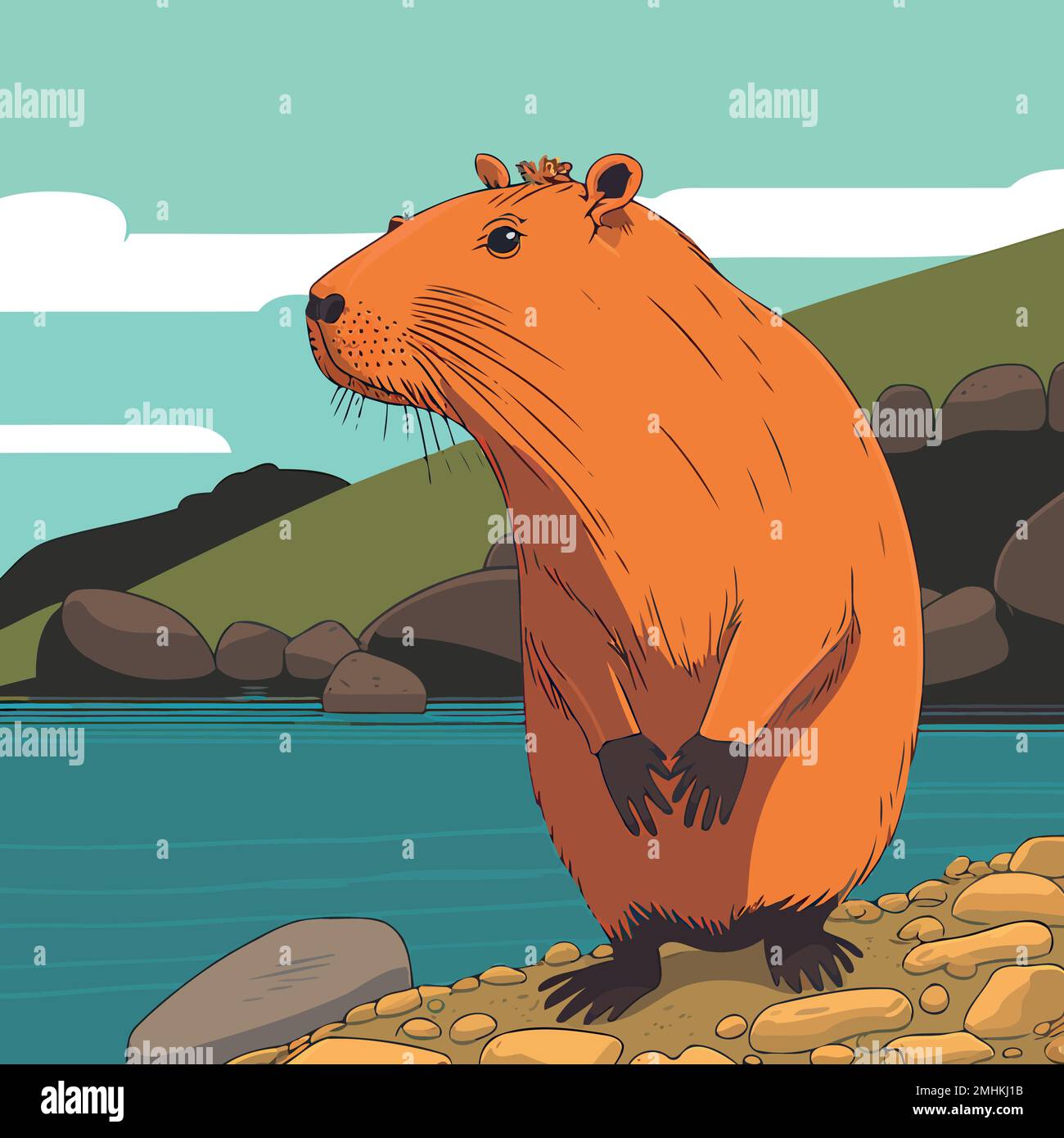 Illustration de l'animal mammifère capybara dans la nature sur le bord d'une rivière avec des pierres sur le sol et le ciel avec le nuage en arrière-plan Illustration de Vecteur