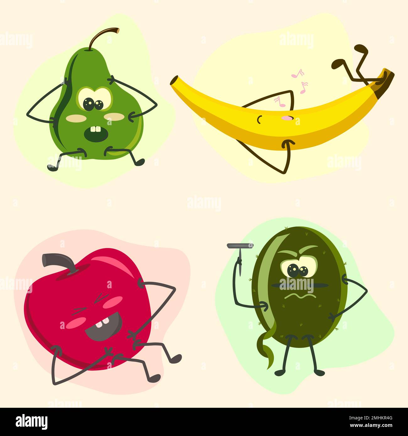Ensemble de fruits composé de poire, banane, pomme et kiwi. Illustration de Vecteur