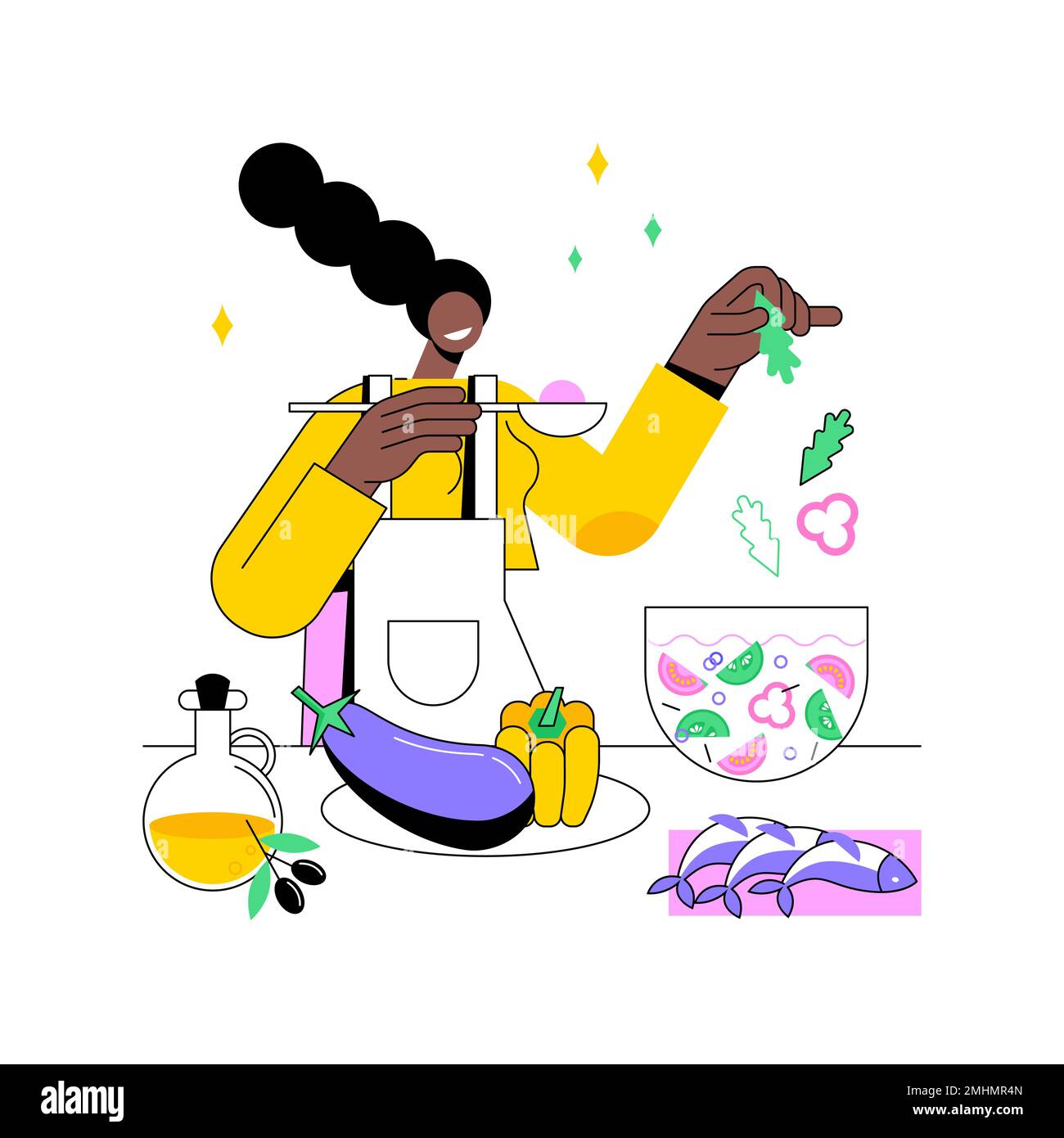 Illustrations vectorielles de dessins animés isolées de régime méditerranéen. Jeune fille faisant de la salade de légumes, préparant des repas méditerranéens, une alimentation saine, cuisiner des aliments à la maison, poisson sur la table vector caricature. Illustration de Vecteur