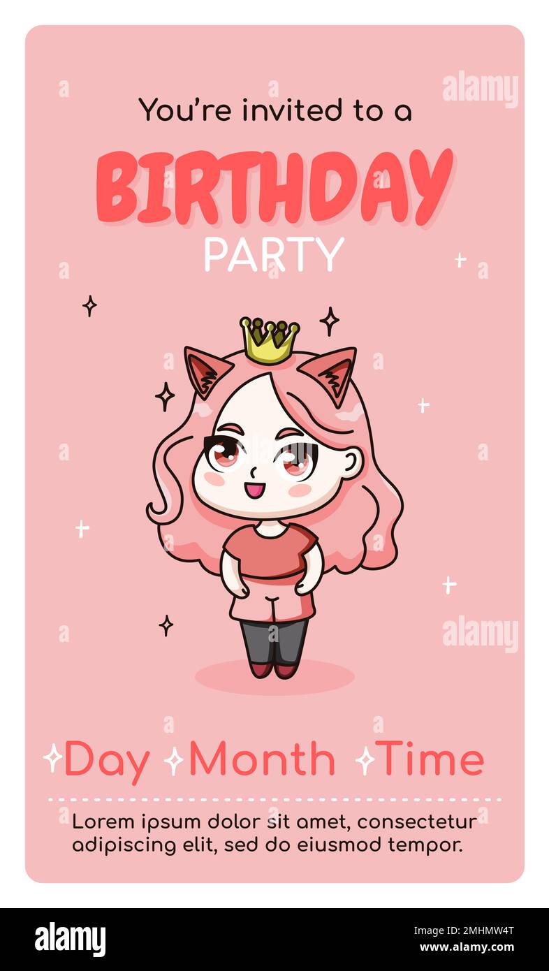 Joyeux anniversaire vertical carte d'invitation avec anime chibi fille. Illustration de Vecteur Joyeux anniversaire vertical carte d'invitation avec anime chibi fille. Illustration de Vecteur