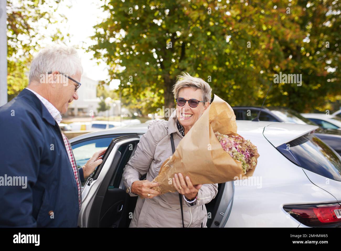 Couple d'âge mûr debout près de la voiture Banque D'Images