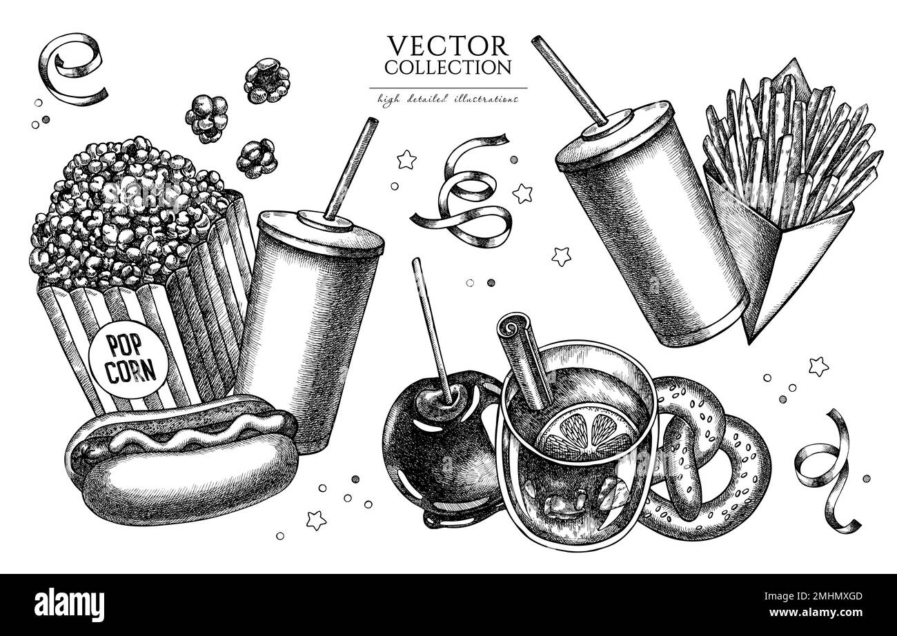 Collection Carnival Food vintage illustrations. Logos dessinés à la main avec frites, bretzel, pop-corn, limonade, hot dog, vin chaud, caramel Illustration de Vecteur
