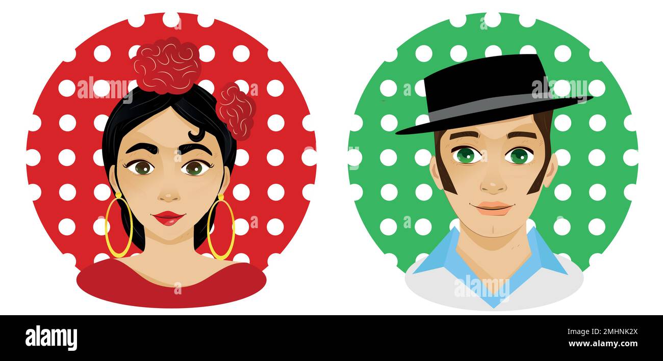Visages de femme et d'homme à l'esthétique flamenco. Paire d'icônes andalouses avec un fond à pois idéal pour se placer sur les portes des salles de bains o Illustration de Vecteur