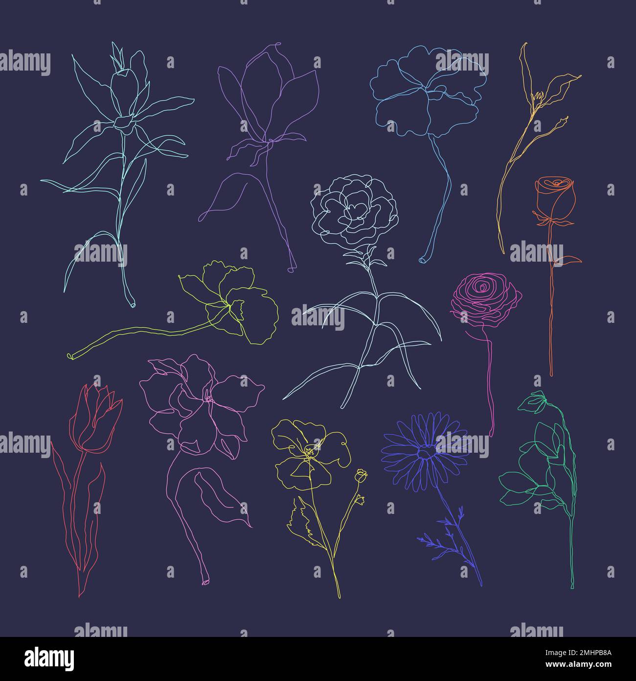 Ensemble de fleurs vectorielles dessinées à la main coloré art ligne simple Illustration de Vecteur