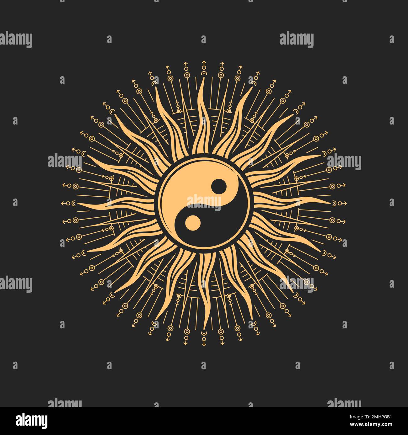 Symbole Yin Yang à l'intérieur du signe occulte ésotérique du soleil ou du tarot magique. Le bouddhisme vecteur isolé signe religieux de l'harmonie, les débuts masculins et féminins. Amulette bouddhiste, talisman rond, motif tatouage Illustration de Vecteur