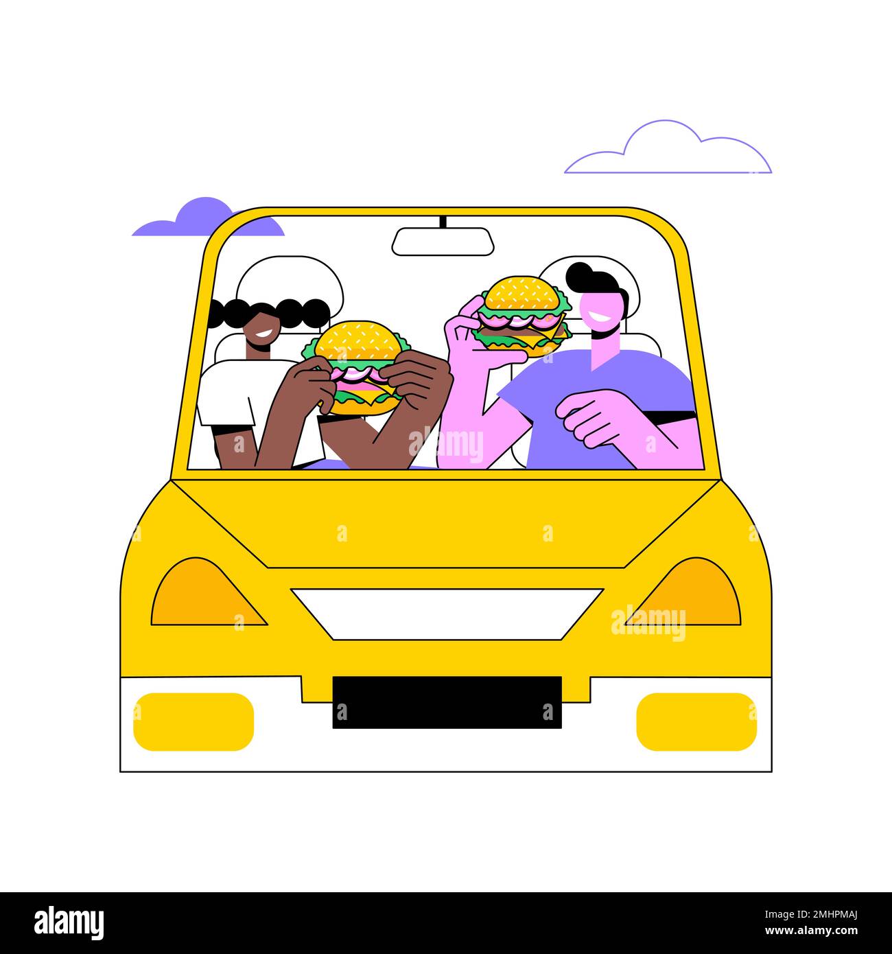 Déjeuner d'illustrations vectorielles de dessins animés isolées. Couple heureux souriant et mangeant des hamburgers délicieux dans la voiture, la dépendance de restauration rapide, déjeuner à emporter, drive-in restaurant ordre vector dessin animé. Illustration de Vecteur