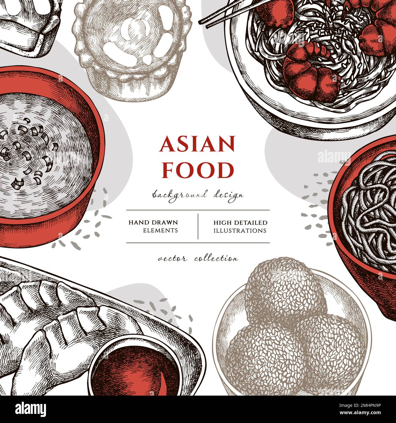 Dessin d'illustration asiatique à la main. Arrière-plan avec jiaozi vintage, jian dui, tarte aux œufs, nouilles aux crevettes, soupe aux œufs, bol à nouilles. Illustration de Vecteur