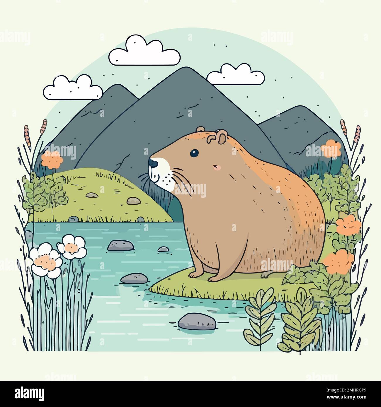 joli animal capybara dans le champ avec des fleurs près de l'eau et de la montagne en arrière-plan Illustration de Vecteur