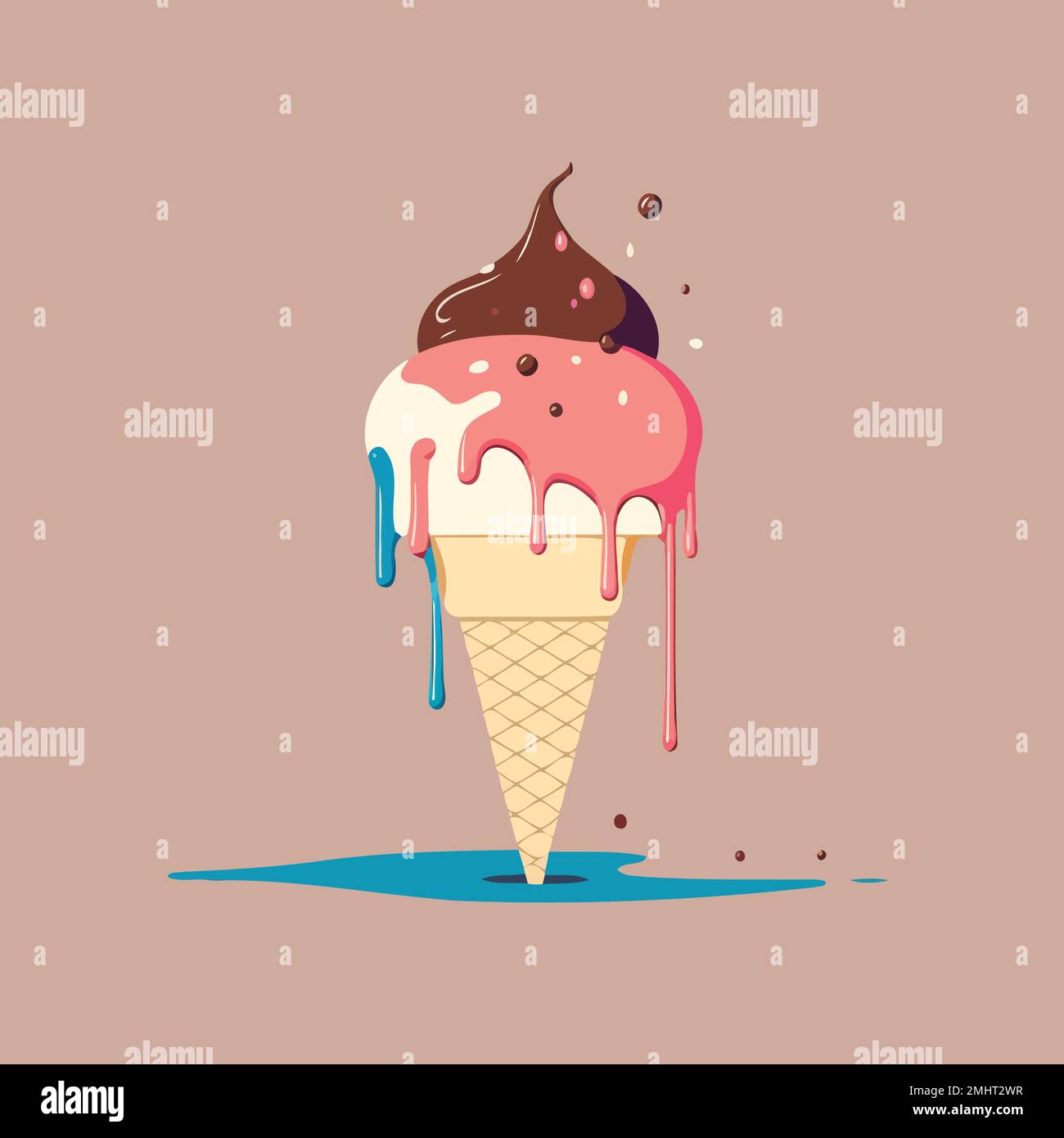 Crème glacée napolitaine crème au chocolat et saveurs de fraise dans une tasse de cône comestible avec la fonte de la crème glacée Illustration de Vecteur